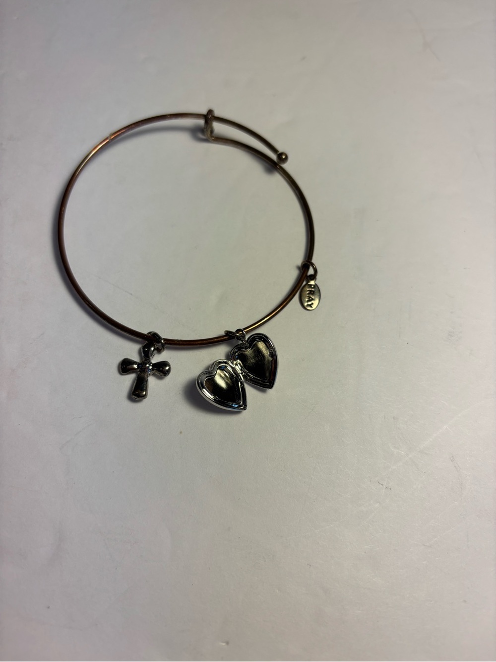 Faith Cross & Heart Locket Expandable Wire Bangle Bracelet –Silver & Bronze Tone